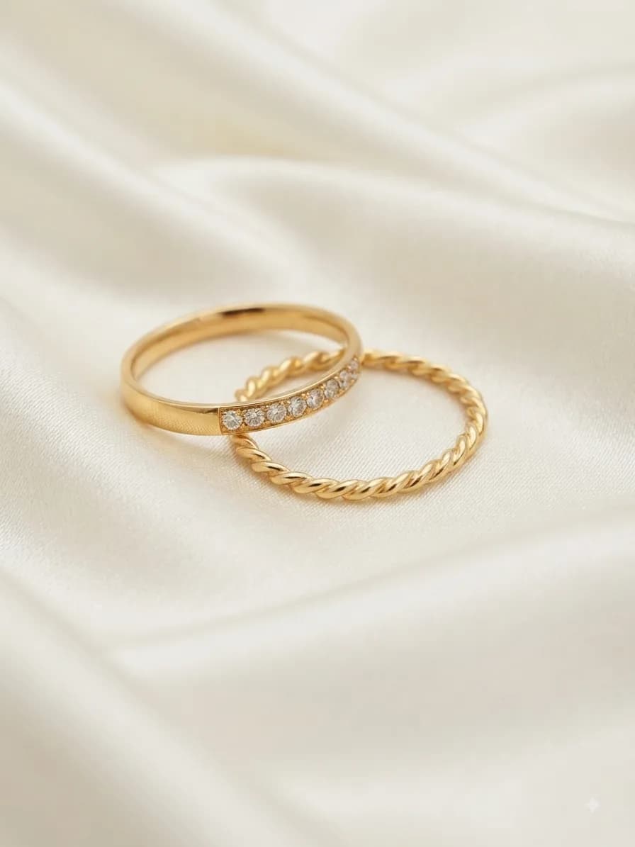 Two gold-plated bands, one twisted like rope and one pavé-set with clear stones, on ivory satin
