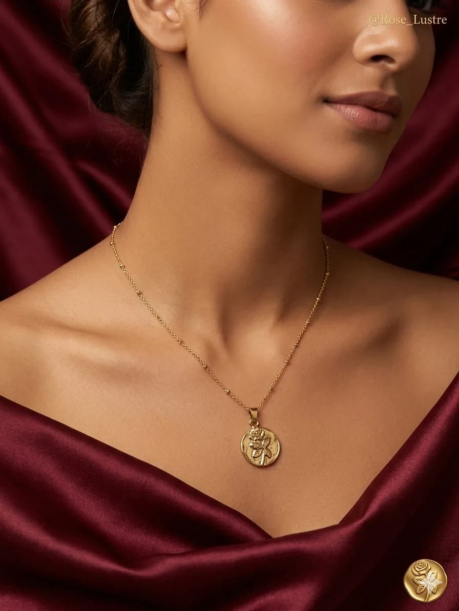 A model wearing a fine gold-plated chain with a round engraved sun medallion