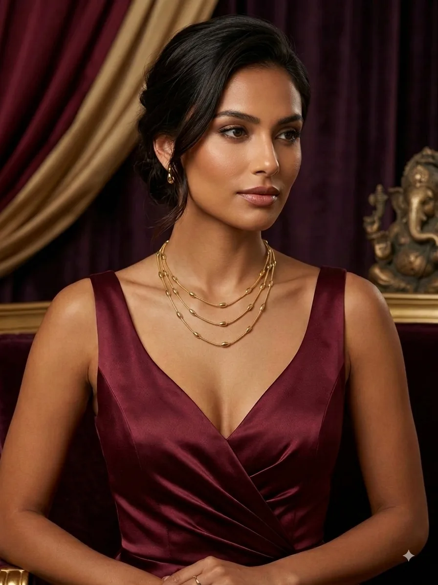 A model in a deep red gown wearing three layered gold-plated bead chains