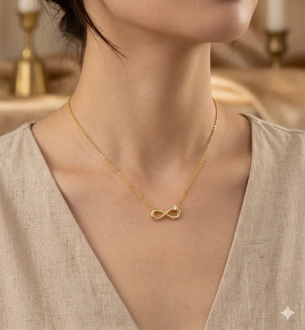 A model wearing a fine gold-plated chain with a small infinity-loop pendant at the collarbone